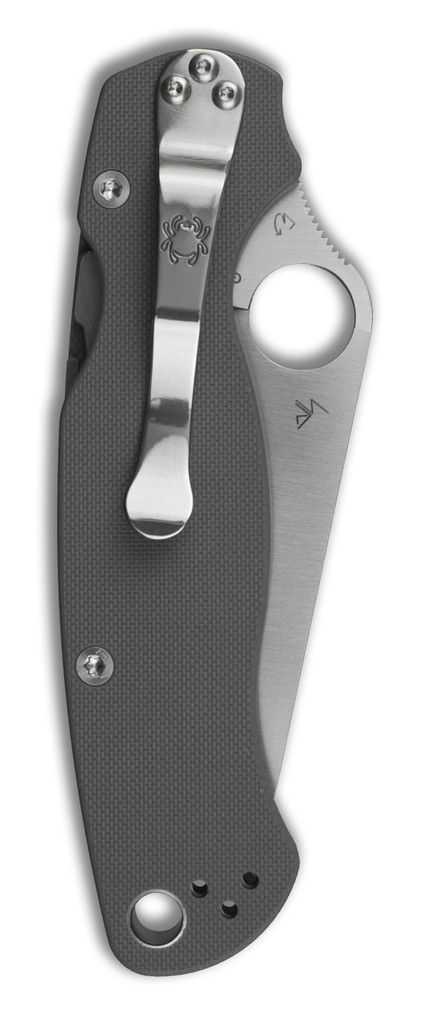 Spyderco Paramilitary 2 Sprint Run folding knife with thumb hole - shown closed pocket clip side.  Cru-Wear steel plain edge blade.  Gray G-10 handle.  Model C81GPGY.
For reference only.