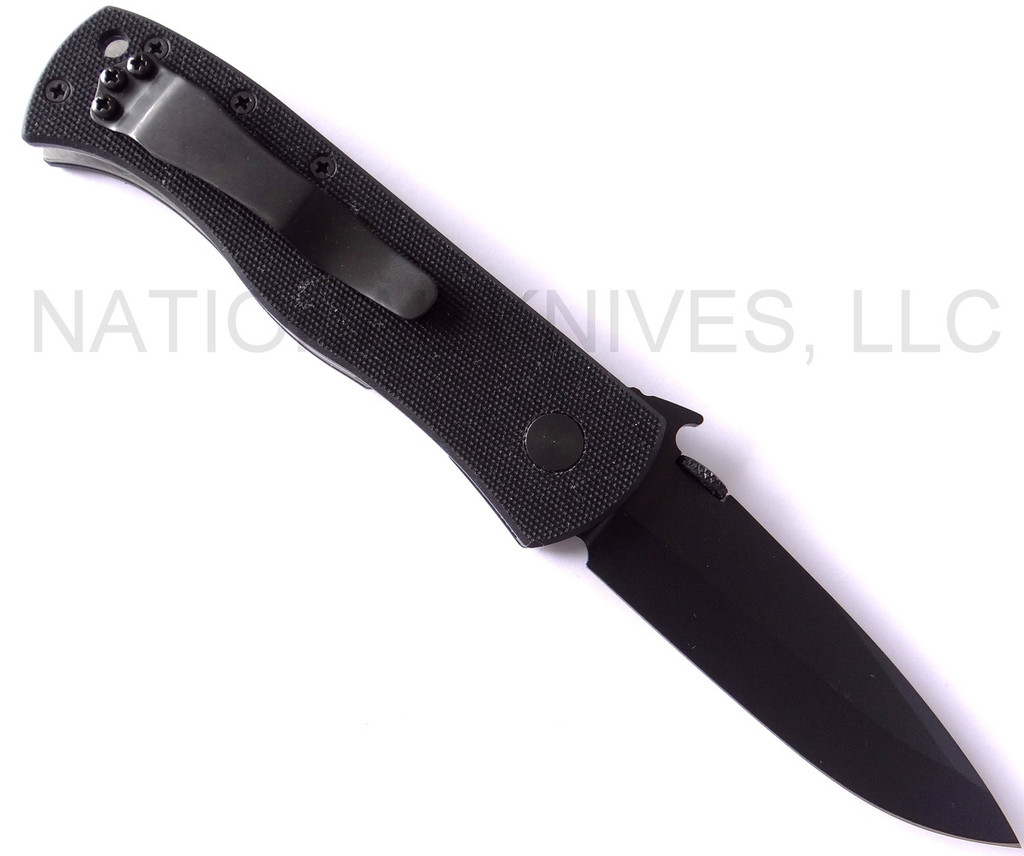 Emerson Knives CQC-7AW BT folding knife with thumb disk and Emerson Wave opener - shown open pocket clip side.  Black 154CM stainless steel plain edge blade.  Black G-10 handle.  Model CQC-7AW-BT.
For reference only.