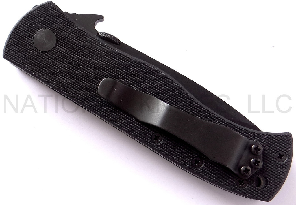 Emerson Knives CQC-7AW BTS folding knife with thumb disk and Emerson Wave opener - shown closed pocket clip side.  Black 154CM stainless steel combo edge blade.  Black G-10 handle.  Model CQC-7AW-BTS.
For reference only.