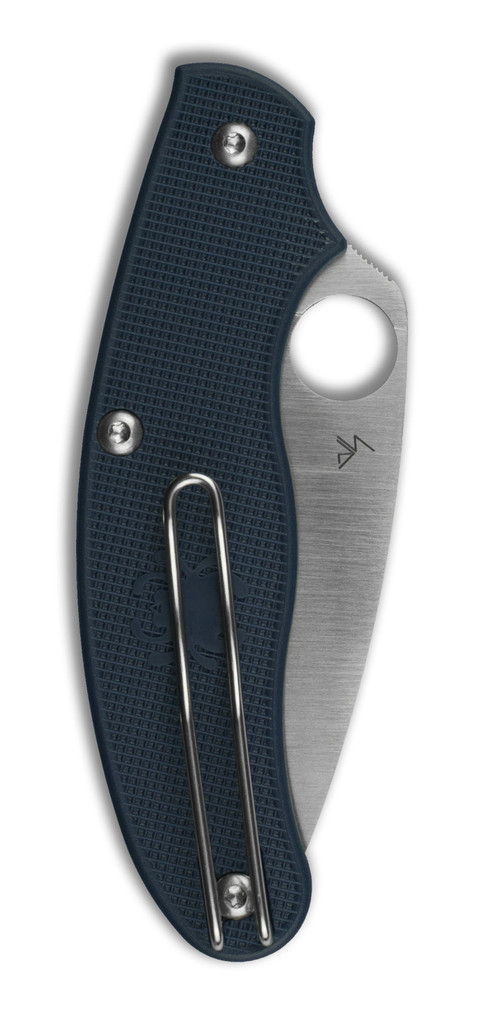 Spyderco UKPK Leaf folding knife with thumb hole - shown closed pocket clip side.  Satin S110V stainless steel plain edge blade. Dark Blue FRN handle.  Model C94PDBL.