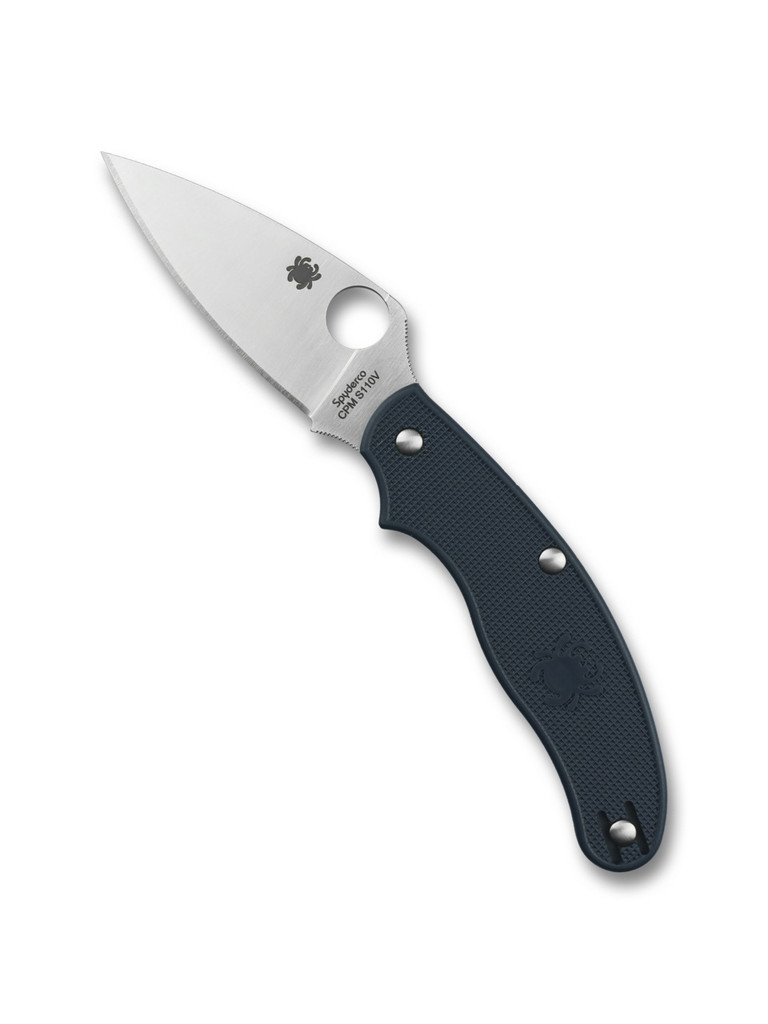 Spyderco UKPK Leaf folding knife with thumb hole - shown open presentation side.  Satin S110V stainless steel plain edge blade. Dark Blue FRN handle.  Model C94PDBL.