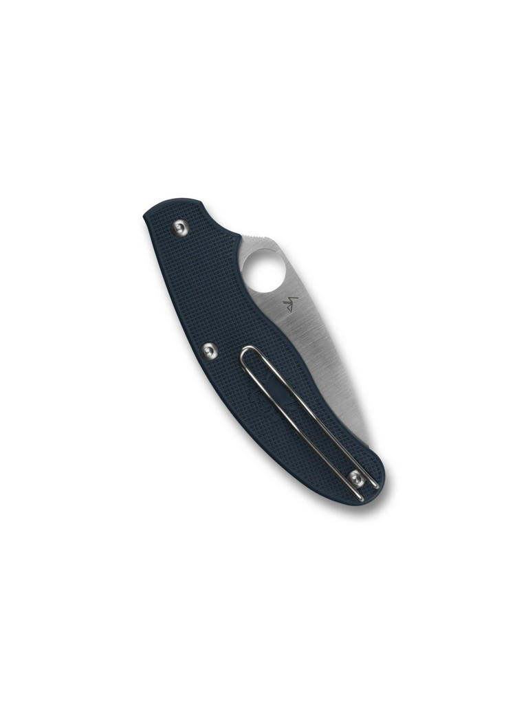 Spyderco UKPK Leaf folding knife with thumb hole - shown closed pocket clip side.  Satin S110V stainless steel plain edge blade. Dark Blue FRN handle.  Model C94PDBL.