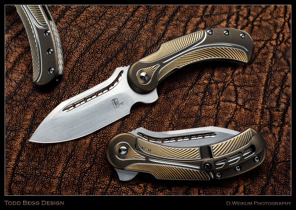 REFERENCE ONLY - Todd Begg Knives Steelcraft Series Field Marshall FM243 Folding Knife, Hand Satin 4" CPM-S35VN Blade, Bronze, Gold, Silver Handle