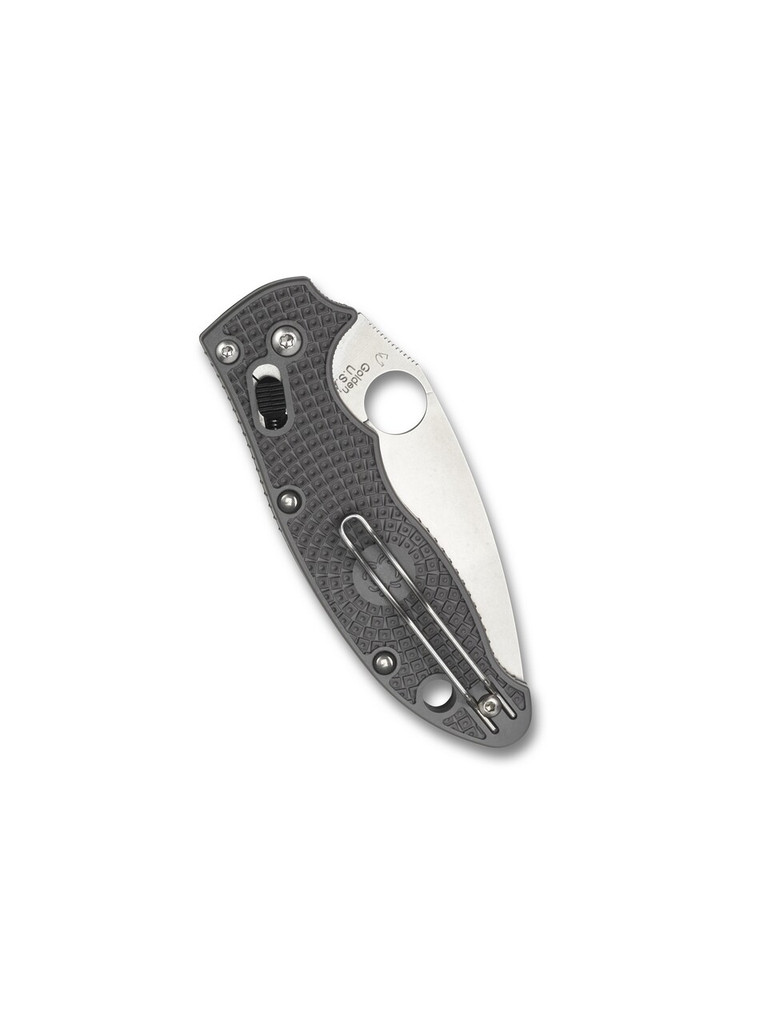 Spyderco Manix 2 Lightweight folding knife with thumb hole - shown closed pocket clip side.  Maxamet steel plain edge blade.  Gray FRCP handle.  Model C101PGY2.