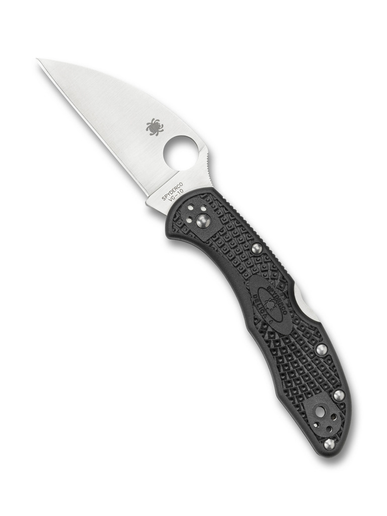 Spyderco Delica 4 folding knife with thumb hole - shown open presentation side.  Satin VG-10 stainless steel, wharncliffe style, plain edge blade.  Black FRN handle.  Model C11FPWCBK.