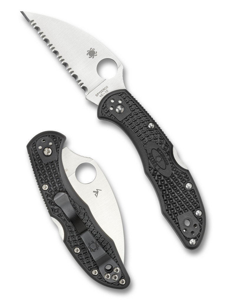 Spyderco Delica 4 folding knife with thumb hole - shown open presentation side and closed pocket clip side.  Satin VG-10 stainless steel, wharncliffe style, serrated edge blade.  Black FRN handle.  Model C11FSWCBK.
