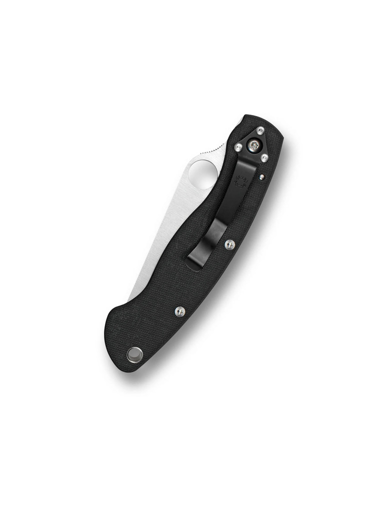 Spyderco Military Left Hand folding knife with thumb hole - shown closed pocket clip side.  Satin S30V stainless steel plain edge blade.  Black G-10 handle.  Model C36GPLE.