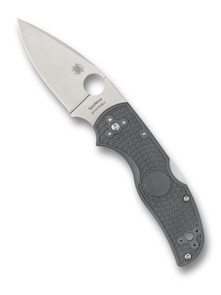 Spyderco Native 5 folding knife with thumb hole - shown open presentation side.  Satin Maxamet steel plain edge blade.  Gray FRN handle.  Model C41PGY5.