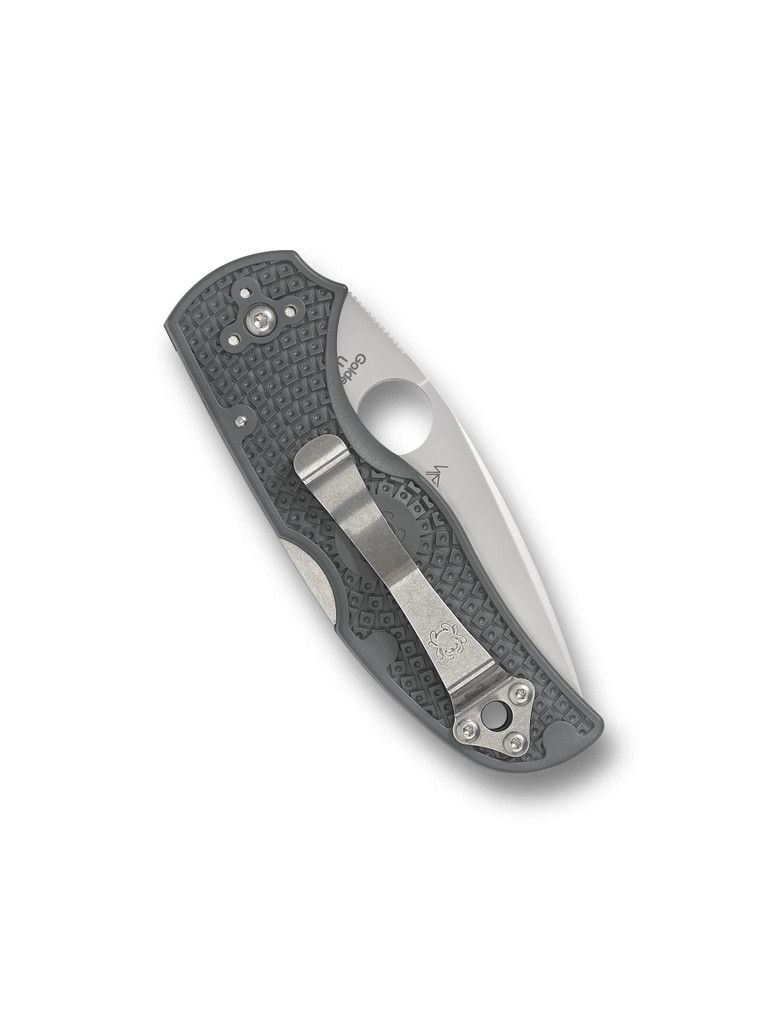 Spyderco Native 5 folding knife with thumb hole - shown closed pocket clip side.  Satin Maxamet steel plain edge blade.  Gray FRN handle.  Model C41PGY5.