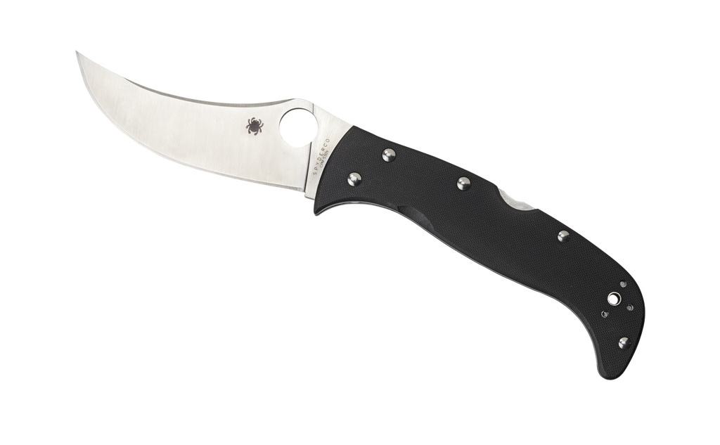 Spyderco Chinook 4 folding knife with thumb hole - shown open presentation side.  Satin S30V stainless steel plain edge blade.  Black G-10 handle.  Model C63GP4.
For reference only.
