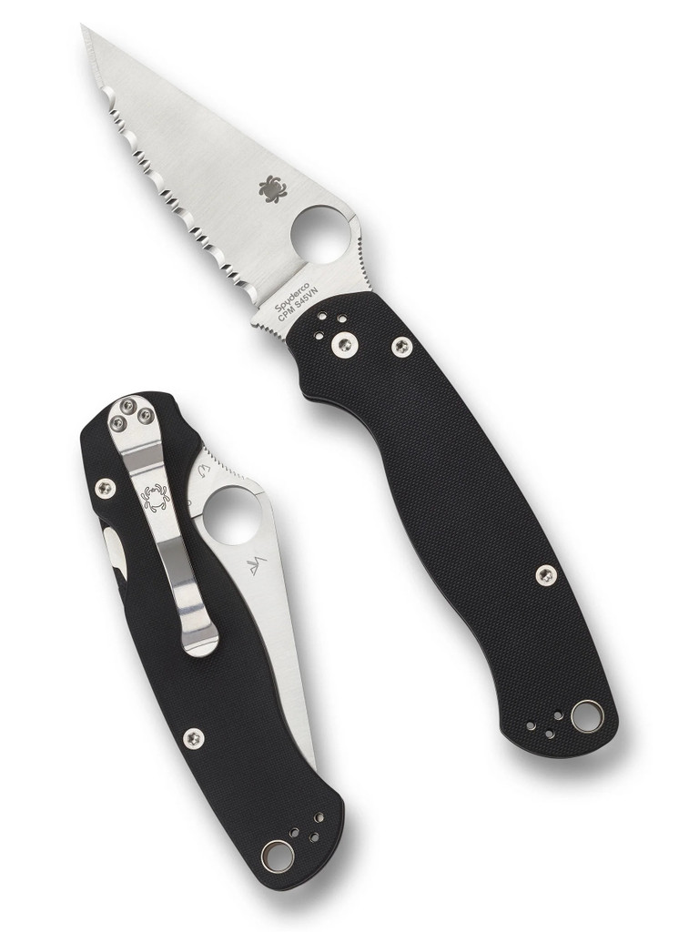 Spyderco Paramilitary 2 folding knife with thumb hole - shown open presentation side and closed pocket clip side.  Satin S45VN stainless steel serrated edge blade.  Black G-10 handle.  Model C81GS2.
