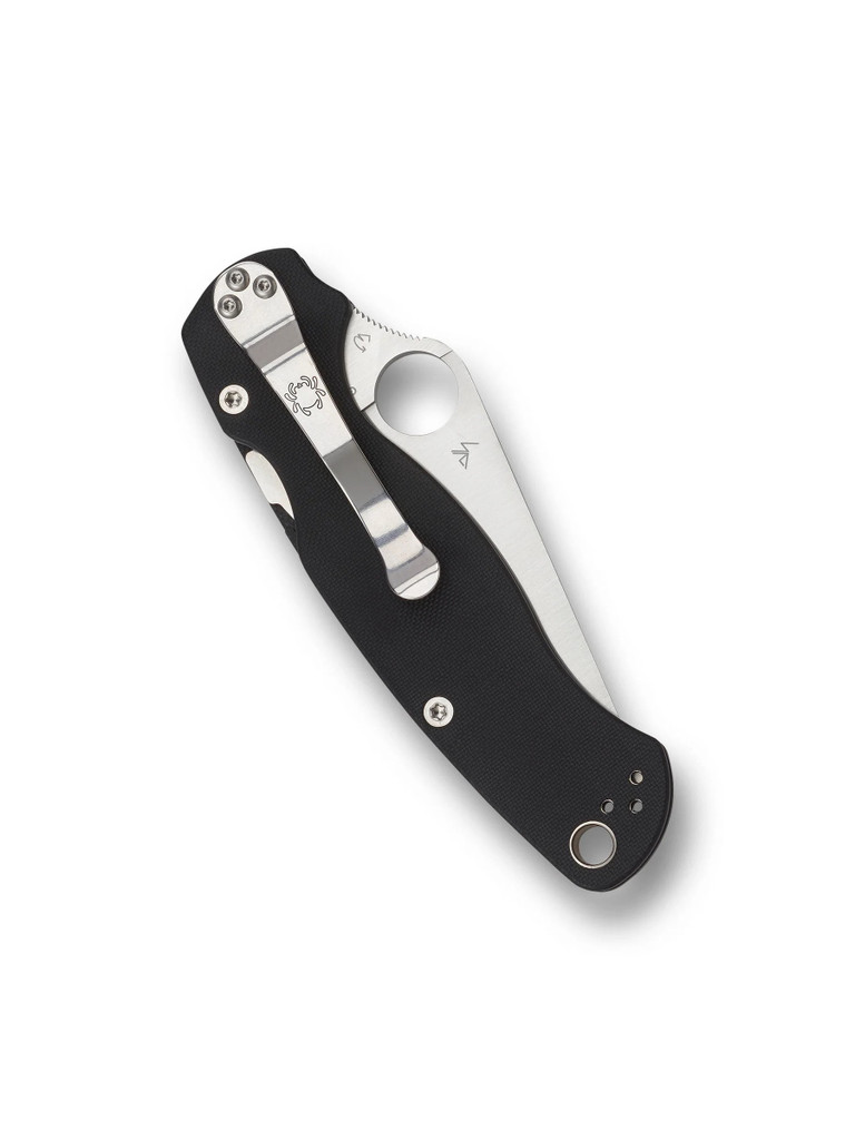 Spyderco Paramilitary 2 folding knife with thumb hole - shown closed pocket clip side.  Satin S45VN stainless steel serrated edge blade.  Black G-10 handle.  Model C81GS2.