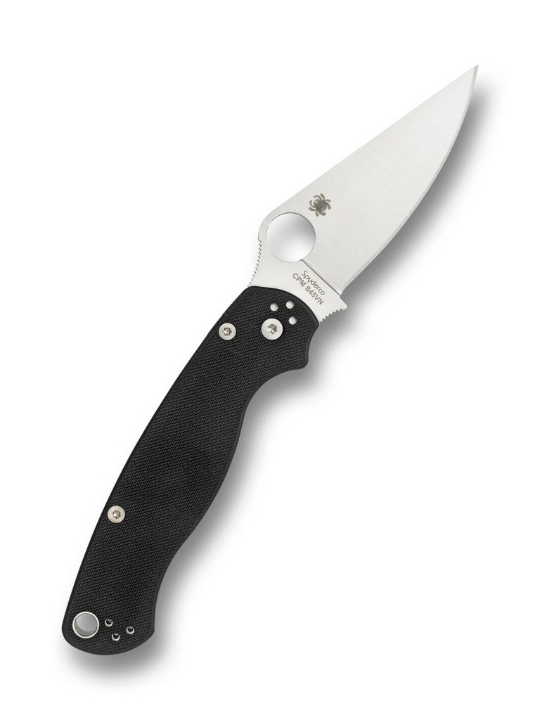 Spyderco Paramilitary 2 Left Hand folding knife with thumb hole - shown open presentation side.  Satin S30V stainless steel plain edge blade.  Black G-10 handle.  Model C81GPLE2.