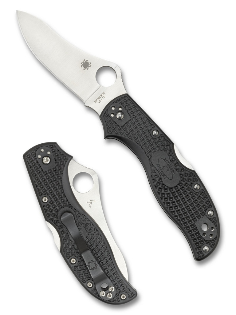 Spyderco Stretch 2 folding knife with thumb hole - shown open presentation side and closed pocket clip side.  Satin VG-10 stainless steel plain edge blade.  Black FRN handle.  Model C90PBK2.