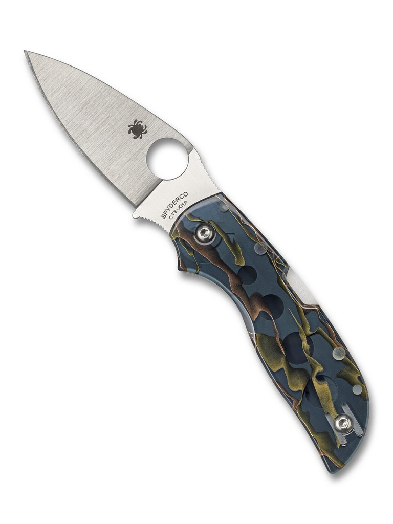 Spyderco Chaparral folding knife with thumb hole - shown open presentation side.  Satin CTS-XHP stainless steel plain edge blade. Raffir Nobel handle.  Model C152RNP.