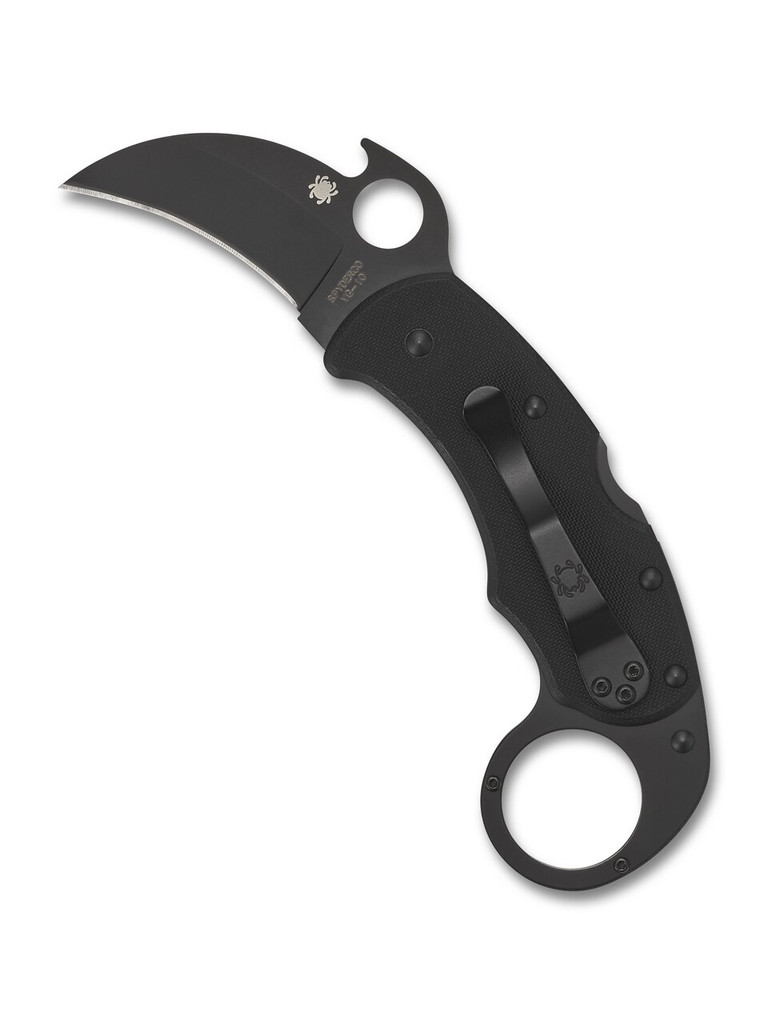 Spyderco Karahawk folding knife with thumb hole and Emerson Wave opener - shown open pocket clip side.  Black VG-10 stainless steel plain edge blade. Black G-10 handle.  Model C170GBBKP.