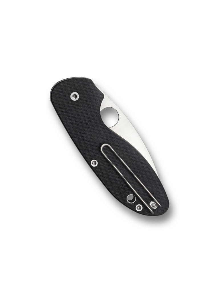 Spyderco Efficient folding knife with thumb hole - shown closed lock side.  Satin 8Cr13MoV stainless steel plain edge blade.  Black G-10 handle.  Model C216GP.
