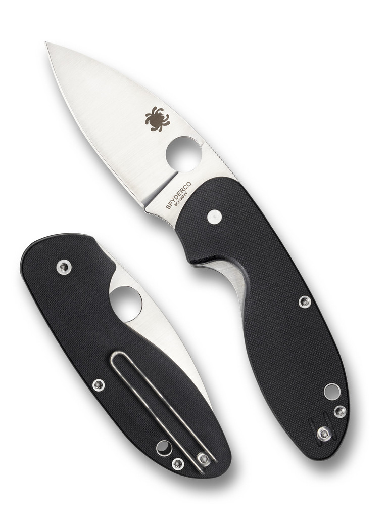 Spyderco Efficient folding knife with thumb hole - shown open presentation side and closed lock side.  Satin 8Cr13MoV stainless steel plain edge blade.  Black G-10 handle.  Model C216GP.
