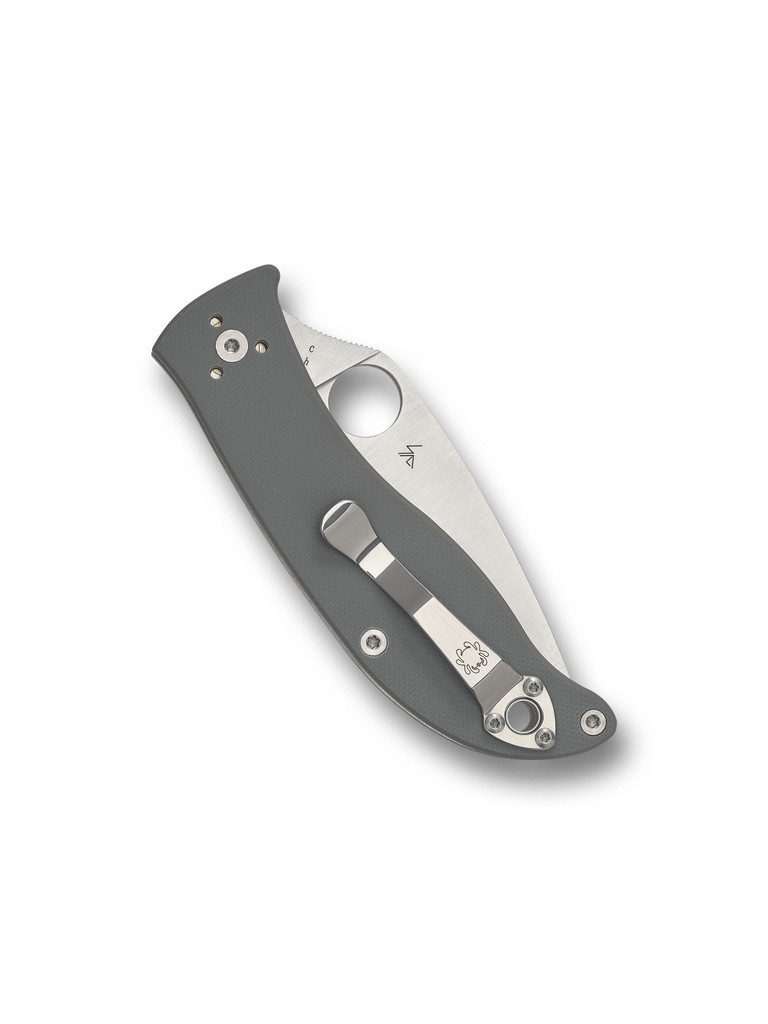 Spyderco Polestar folding knife with thumb hole - shown closed pocket clip side.  Satin CTS-BD1N stainless steel plain edge blade.  Gray G-10 handle.  Model C220GPGY.
