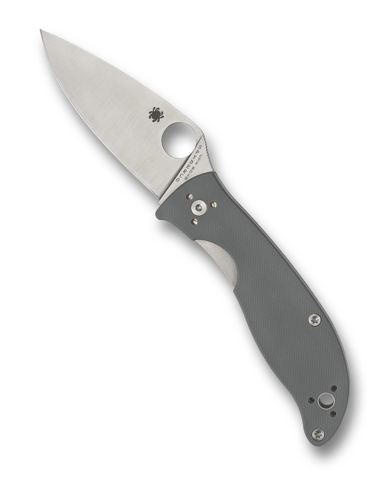 Spyderco Polestar folding knife with thumb hole - shown open presentation side.  Satin CTS-BD1N stainless steel plain edge blade.  Gray G-10 handle.  Model C220GPGY.