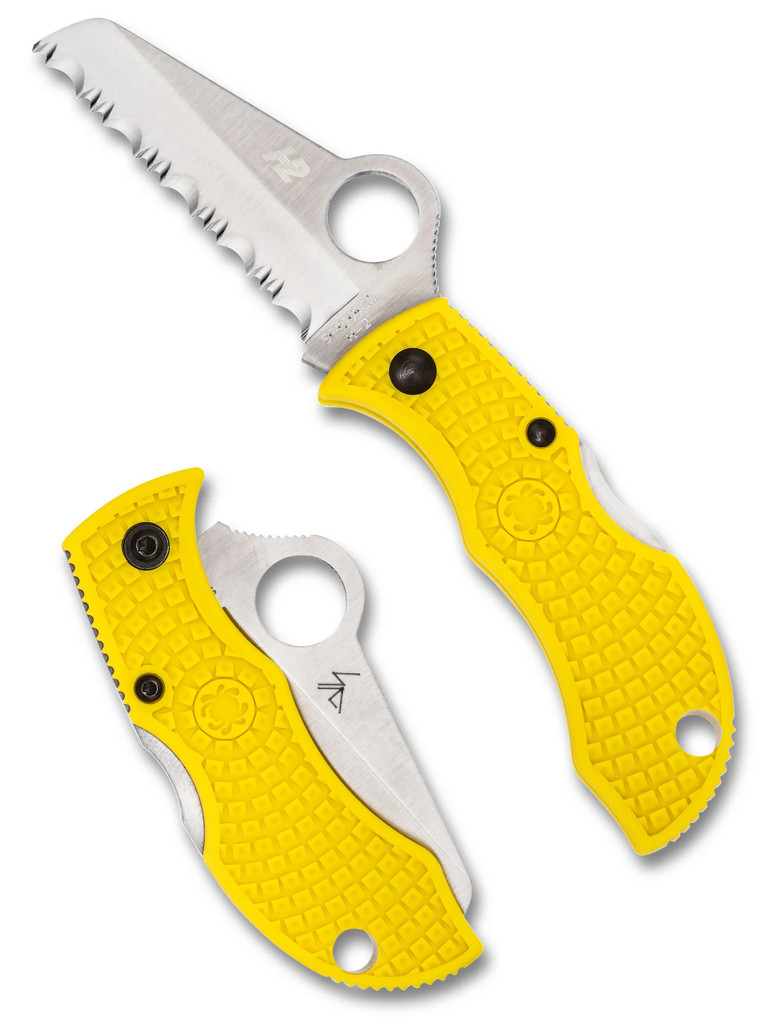 Spyderco Manbug Salt folding knife - shown open obverse and closed reverse.  Satin H-2 stainless steel serrated edge blade.  Yellow FRN handle.  Model MYLS.