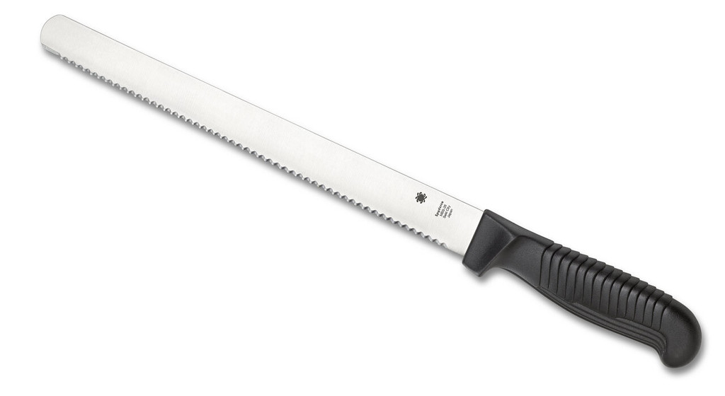 Spyderco Culinary Kitchen Bread Knife - obverse shown.  Satin MBS-26 stainless steel serrated edge blade.  Black Polypropylene handle.  Model K01SBK.