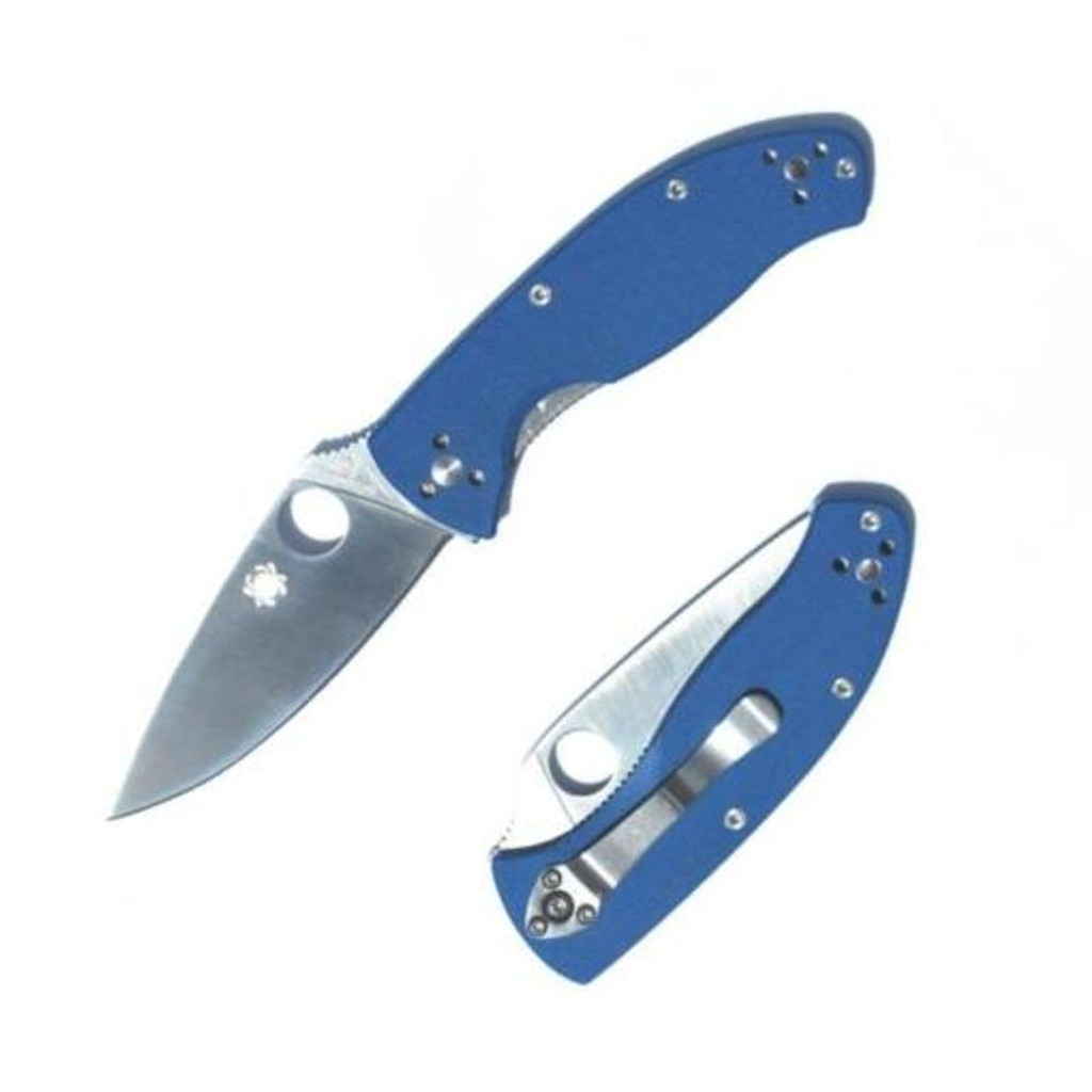 Spyderco Tenacious JB Outman Exclusive folding knife with thumb hole - shown open presentation side and closed pocket clip side.  Satin 8Cr13MoV stainless steel plain edge blade.  Blue G-10 handle.  C122GPBL.
For reference only.