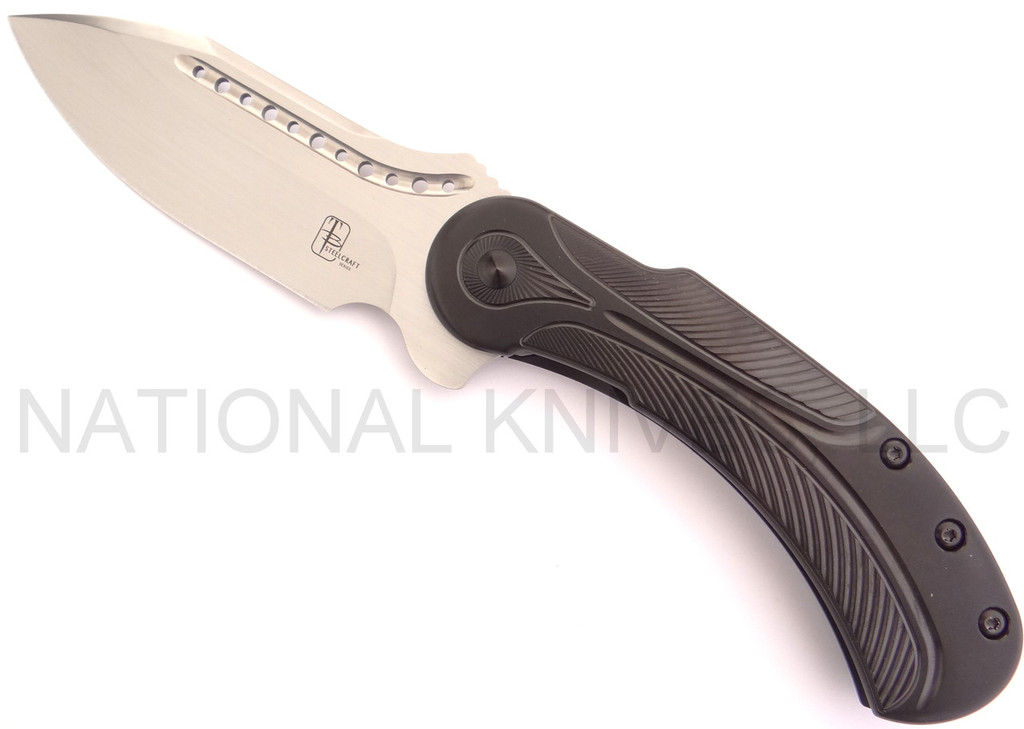 Todd Begg Knives Steelcraft Series Field Marshall folding knife - shown open presentation side.  Hand satin S35VN stainless steel plain edge blade.  Black titanium handle.  Model FM213.
For reference only.