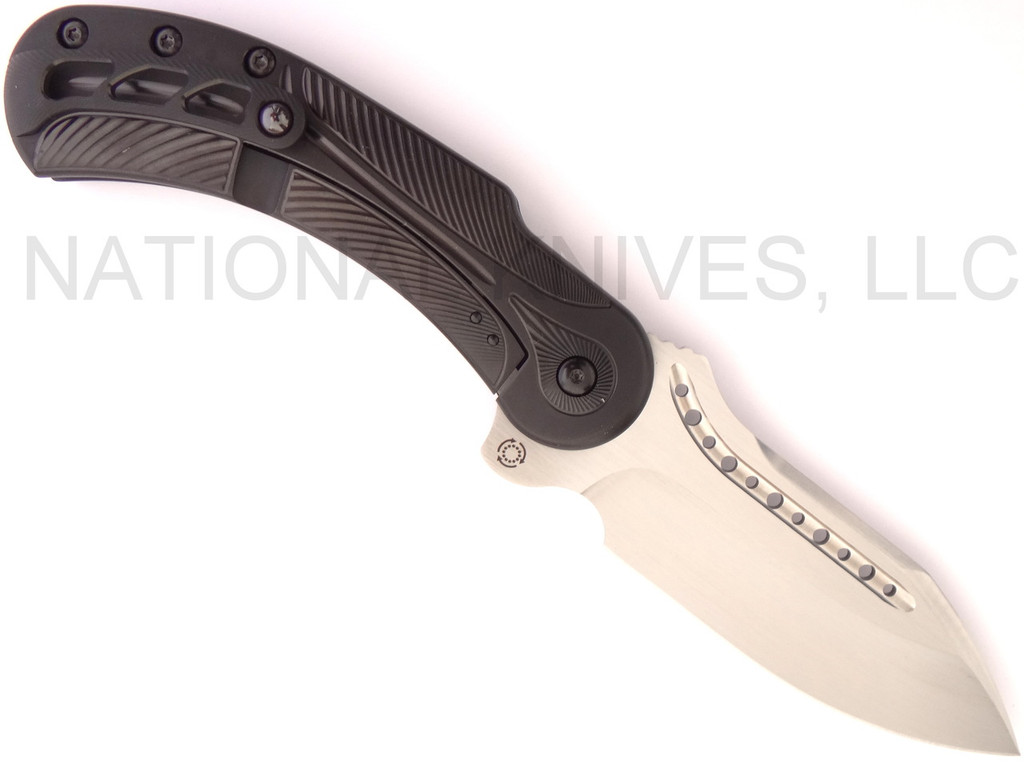 Todd Begg Knives Steelcraft Series Field Marshall folding knife - shown open pocket clip side.  Hand satin S35VN stainless steel plain edge blade.  Black titanium handle.  Model FM213.
For reference only.