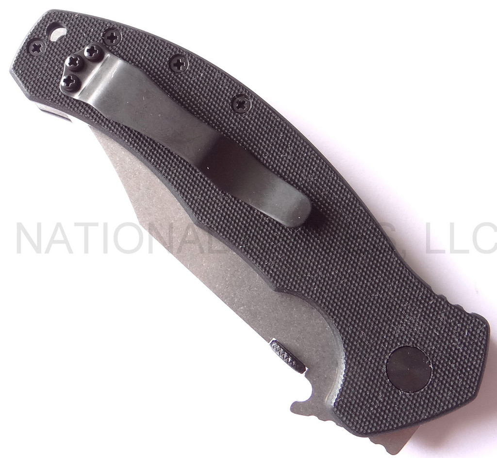 Emerson Knives Aftershock SF folding knife with thumb disk and Emerson Wave - shown closed pocket clip side.   Stonewashed 154CM stainless steel plain edge blade.  Black G-10 handle.  Model AFTERSHOCK-SW.
For reference only.
