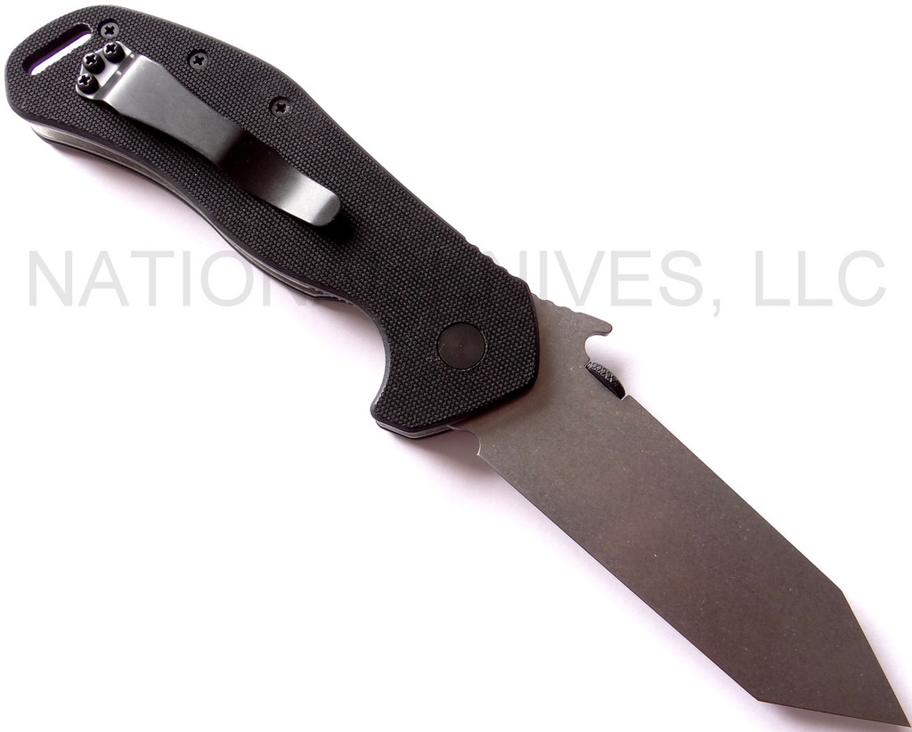 Emerson Knives Big Bulldog folding knife with thumb disk and Emerson Wave - shown open pocket clip side.  154CM stainless steel plain edge blade.  Black G-10 handle.  Model BBLDG-SF.
For reference only.