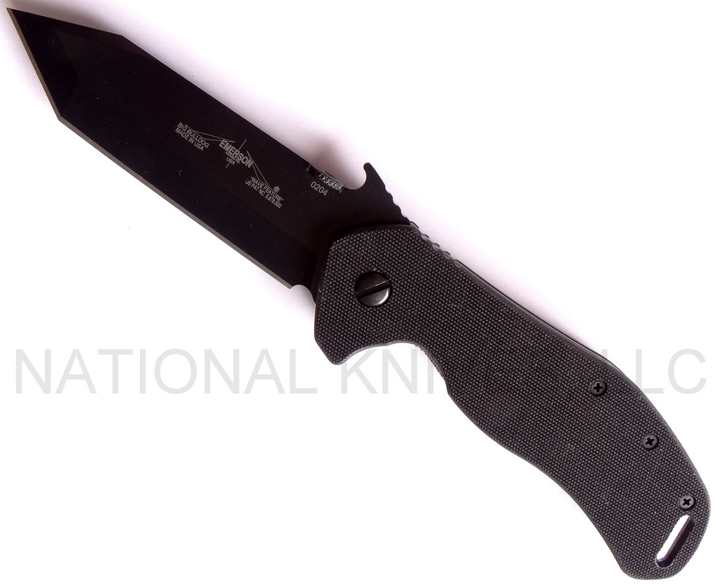 Emerson Knives Big Bulldog folding knife with thumb disk and Emerson Wave - shown open presentation side.  Black 154CM stainless steel plain edge blade.  Black G-10 handle.  Model BBLDG-BT.
For reference only.