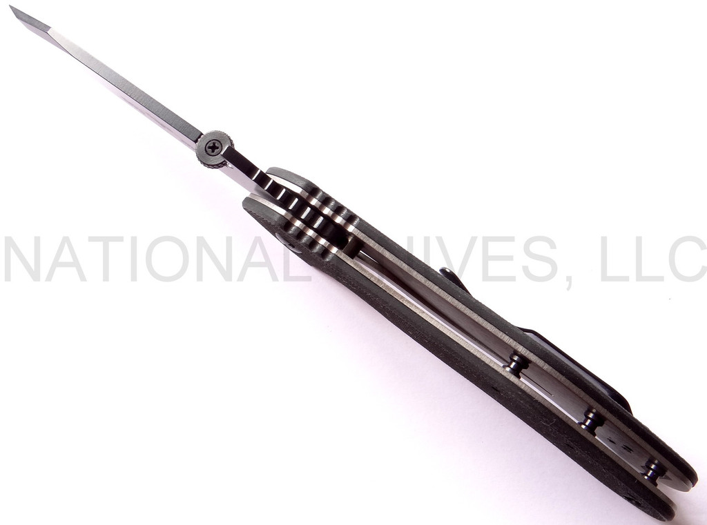 Emerson Knives Big Bulldog folding knife with thumb disk and Emerson Wave - shown open top view.  Black 154CM stainless steel plain edge blade.  Black G-10 handle.  Model BBLDG-BT.
For reference only.
