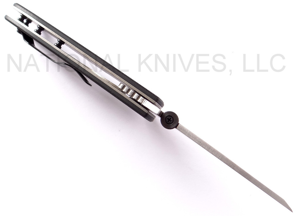 Emerson Knives CQC-7F SF folding knife with thumb disk, flipper tab, and Emerson Wave opener - shown open top view.  Satin 154CM stainless steel plain edge blade.  Black G-10 handle.  Model CQC-7F-SF.
For reference only.
