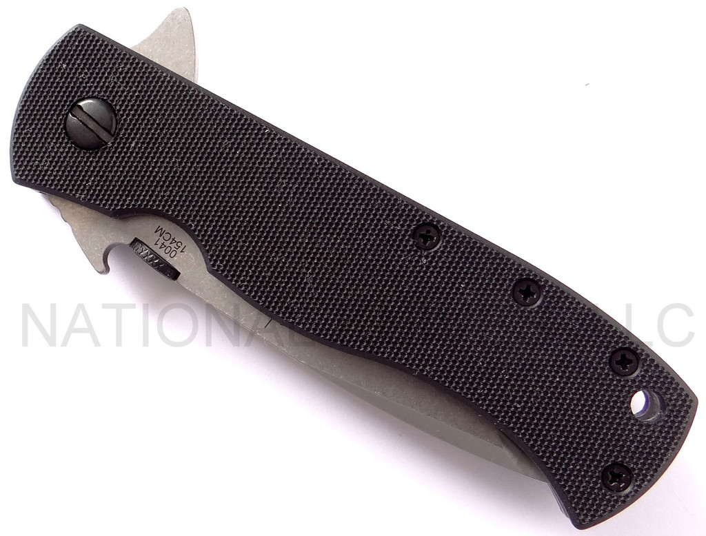 Emerson Knives CQC-7F SF folding knife with thumb disk, flipper tab, and Emerson Wave opener - shown closed presentation side.  Satin 154CM stainless steel plain edge blade.  Black G-10 handle.  Model CQC-7F-SF.
For reference only.
