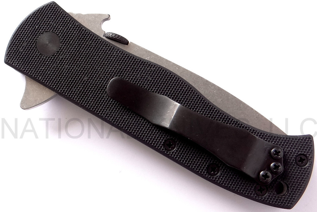 Emerson Knives CQC-7F SF folding knife with thumb disk, flipper tab, and Emerson Wave opener - shown closed pocket clip side.  Satin 154CM stainless steel plain edge blade.  Black G-10 handle.  Model CQC-7F-SF.
For reference only.
