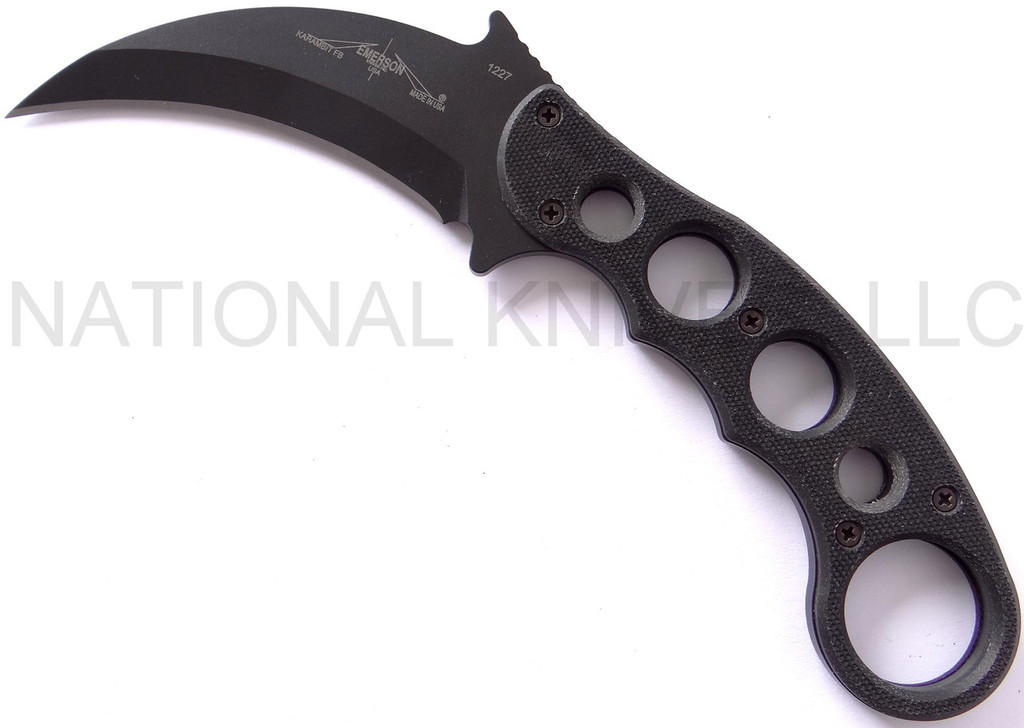 Emerson Knives Karambit BT fixed blade knife - shown out of sheath reverse.  Black 154CM stainless steel plain edge blade.  Black G-10 handle.  Model KARFX-BT.