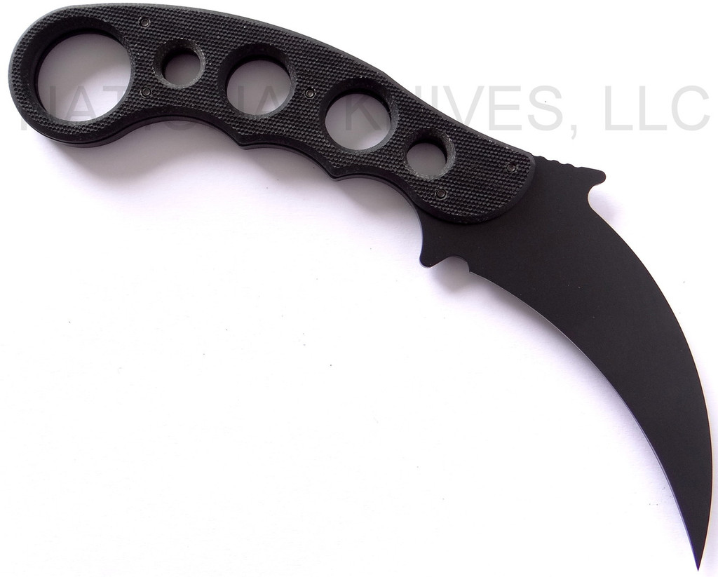 Emerson Knives Karambit BT fixed blade knife - shown out of sheath obverse.  Black 154CM stainless steel plain edge blade.  Black G-10 handle.  Model KARFX-BT.