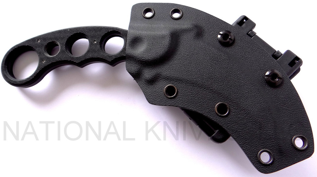 Emerson Knives Karambit BT fixed blade knife - shown in sheath obverse.  Black 154CM stainless steel plain edge blade.  Black G-10 handle.  Model KARFX-BT.