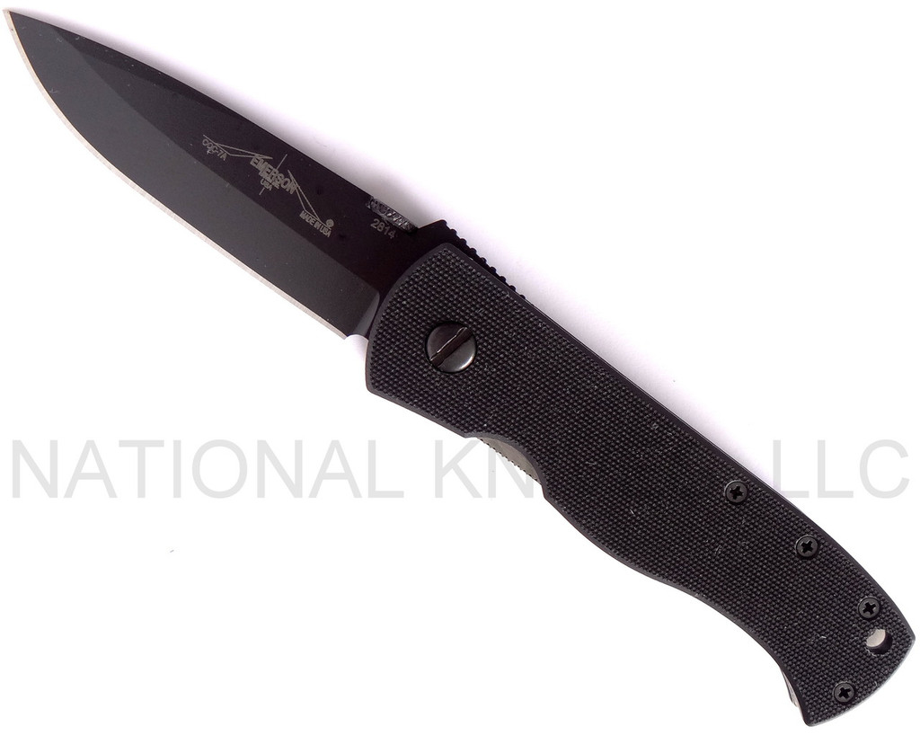 Emerson Knives CQC-7A BT folding knife with thumb disk - shown open presentation side.  Black 154CM stainless steel plain edge blade.  Black G-10 handle.  Model CQC-7A-BT.
For reference only.
