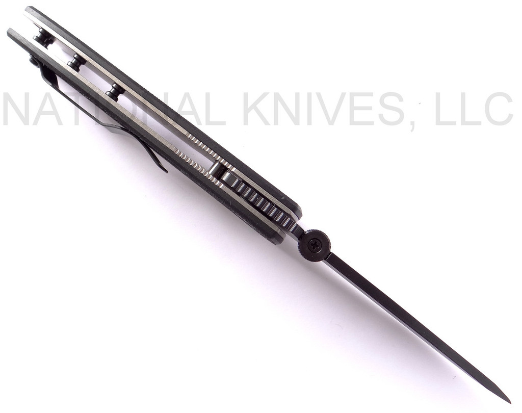 Emerson Knives CQC-7A BT folding knife with thumb disk - shown open top view.  Black 154CM stainless steel plain edge blade.  Black G-10 handle.  Model CQC-7A-BT.
For reference only.
