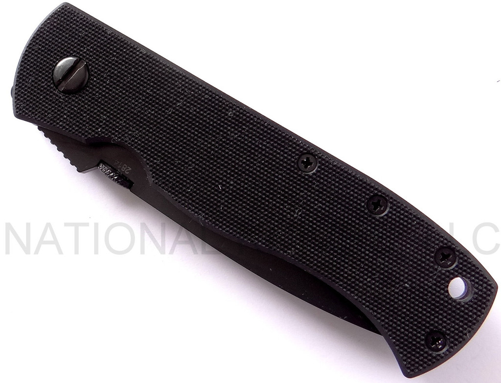 Emerson Knives CQC-7A BT folding knife with thumb disk - shown closed presentation side.  Black 154CM stainless steel plain edge blade.  Black G-10 handle.  Model CQC-7A-BT.
For reference only.
