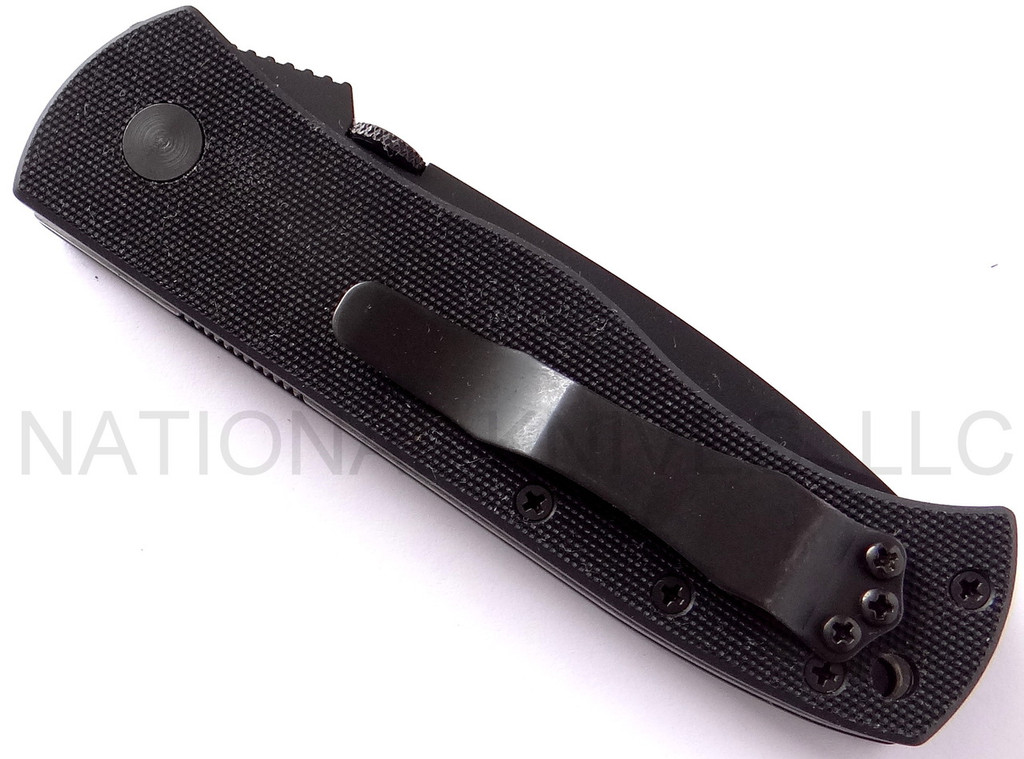 Emerson Knives CQC-7A BT folding knife with thumb disk - shown closed pocket clip side.  Black 154CM stainless steel plain edge blade.  Black G-10 handle.  Model CQC-7A-BT.
For reference only.
