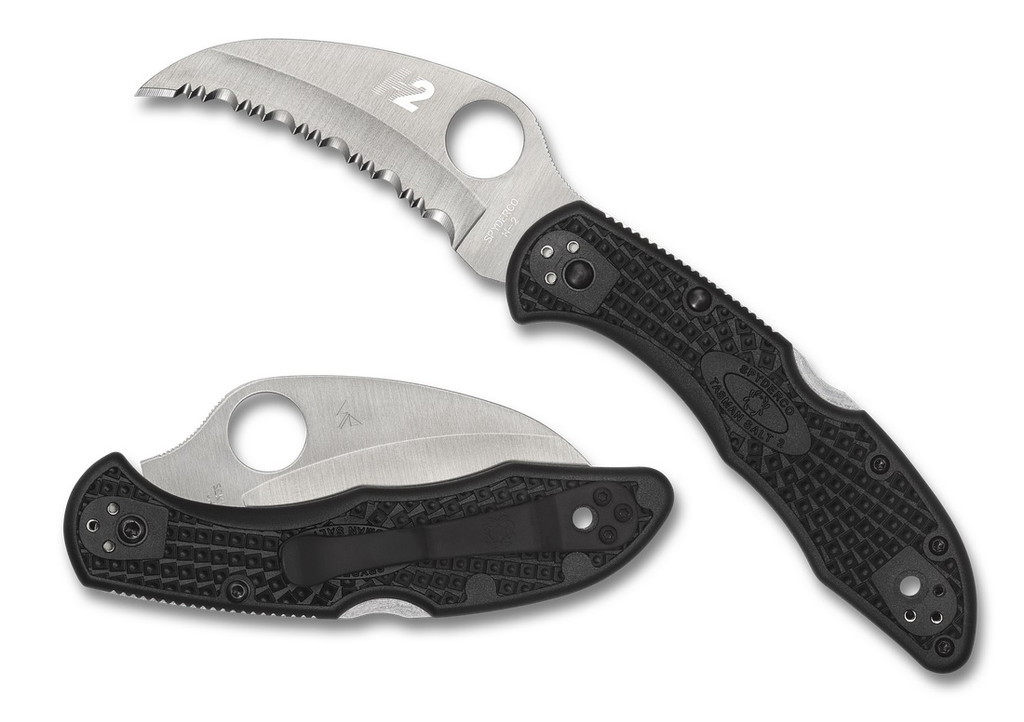Spyderco Tasman Salt 2 folding knife with thumb hole - shown open presentation side and closed pocket clip side.  Satin H-2 stainless steel serrated edge blade.  Black FRN handle.  Model C106SBK2.