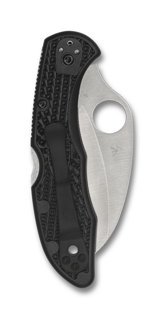 Spyderco Tasman Salt 2 folding knife with thumb hole - shown closed pocket clip side.  Satin H-2 stainless steel serrated edge blade.  Black FRN handle.  Model C106SBK2.