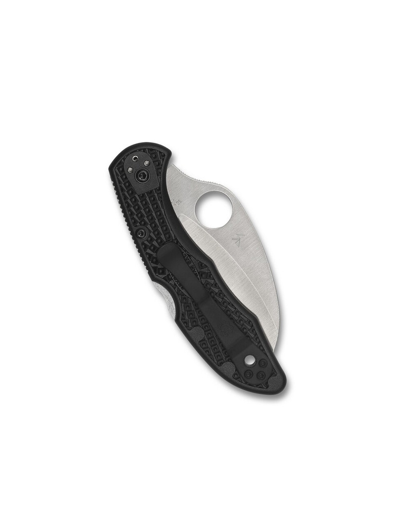 Spyderco Tasman Salt 2 folding knife with thumb hole - shown closed pocket clip side.  Satin H-2 stainless steel serrated edge blade.  Black FRN handle.  Model C106SBK2.