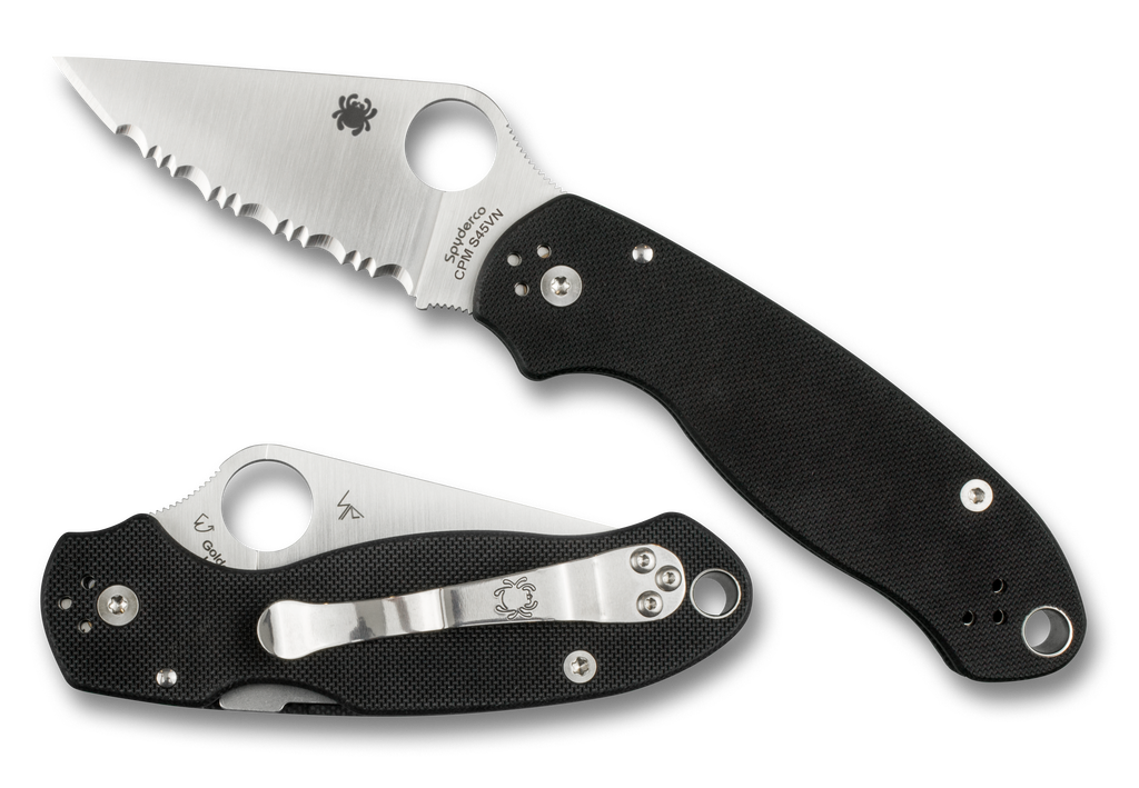 Spyderco Para 3 folding knife with thumb hole - shown open presentation side and closed pocket clip side.  Satin S45VN stainless steel serrated edge blade.  Black G-10 handle.  Model C223GS.
