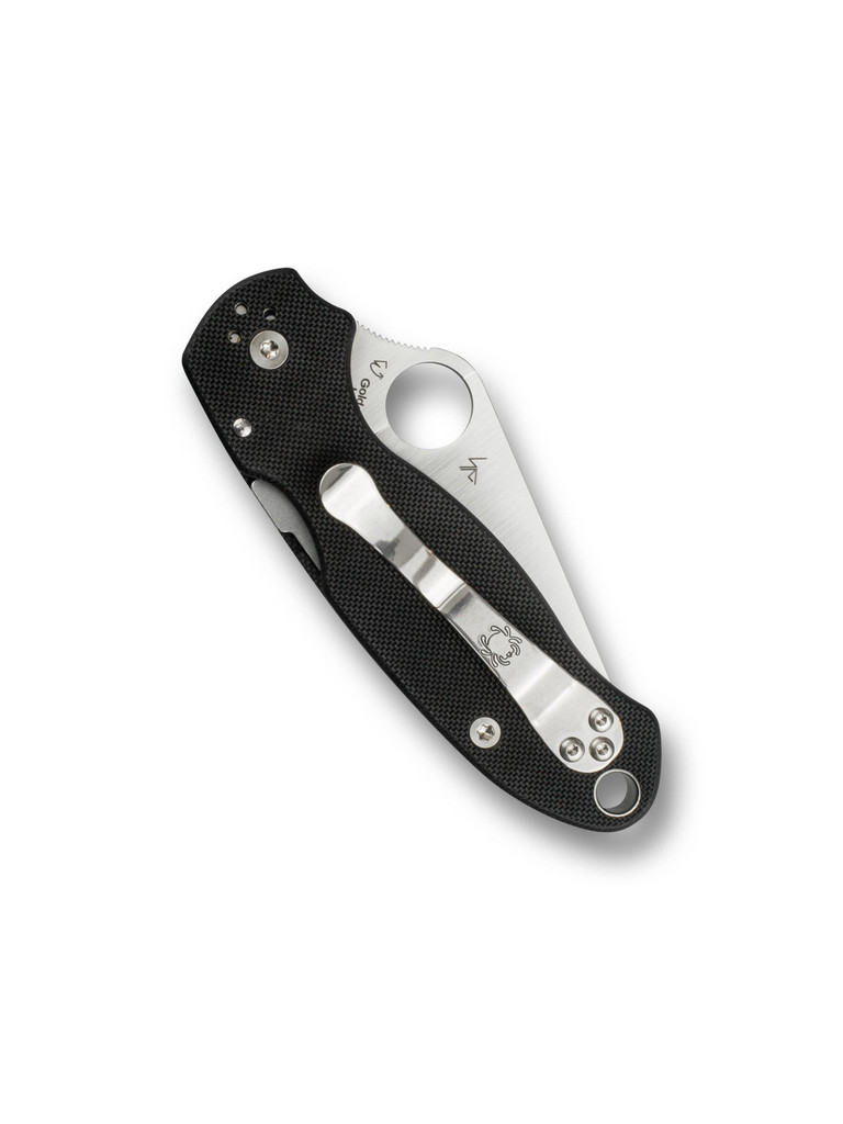 Spyderco Para 3 folding knife with thumb hole - shown closed pocket clip side.  Satin S45VN stainless steel serrated edge blade.  Black G-10 handle.  Model C223GS.