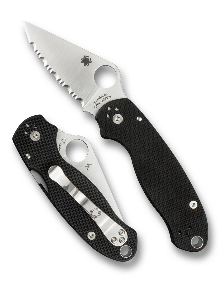 Spyderco Para 3 folding knife with thumb hole - shown open presentation side and closed pocket clip side.  Satin S45VN stainless steel serrated edge blade.  Black G-10 handle.  Model C223GS.