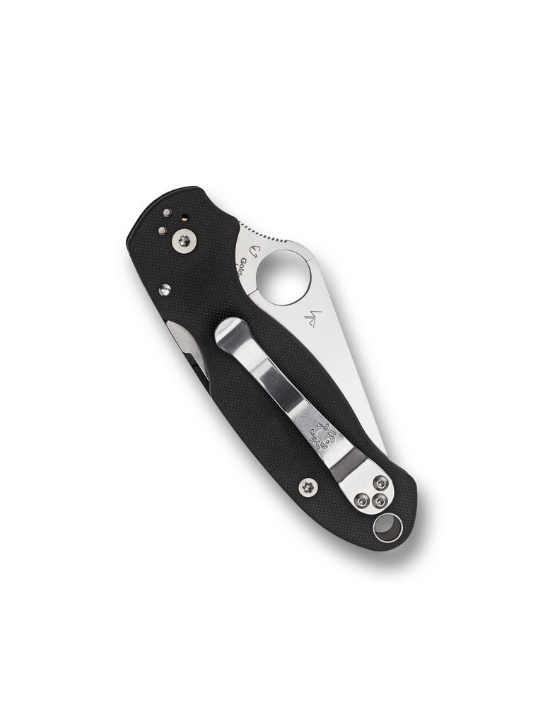 Spyderco Para 3 folding knife with thumb hole - shown closed pocket clip side.  Satin S45VN stainless steel combo edge blade.  Black G-10 handle.  Model C223GPS.
